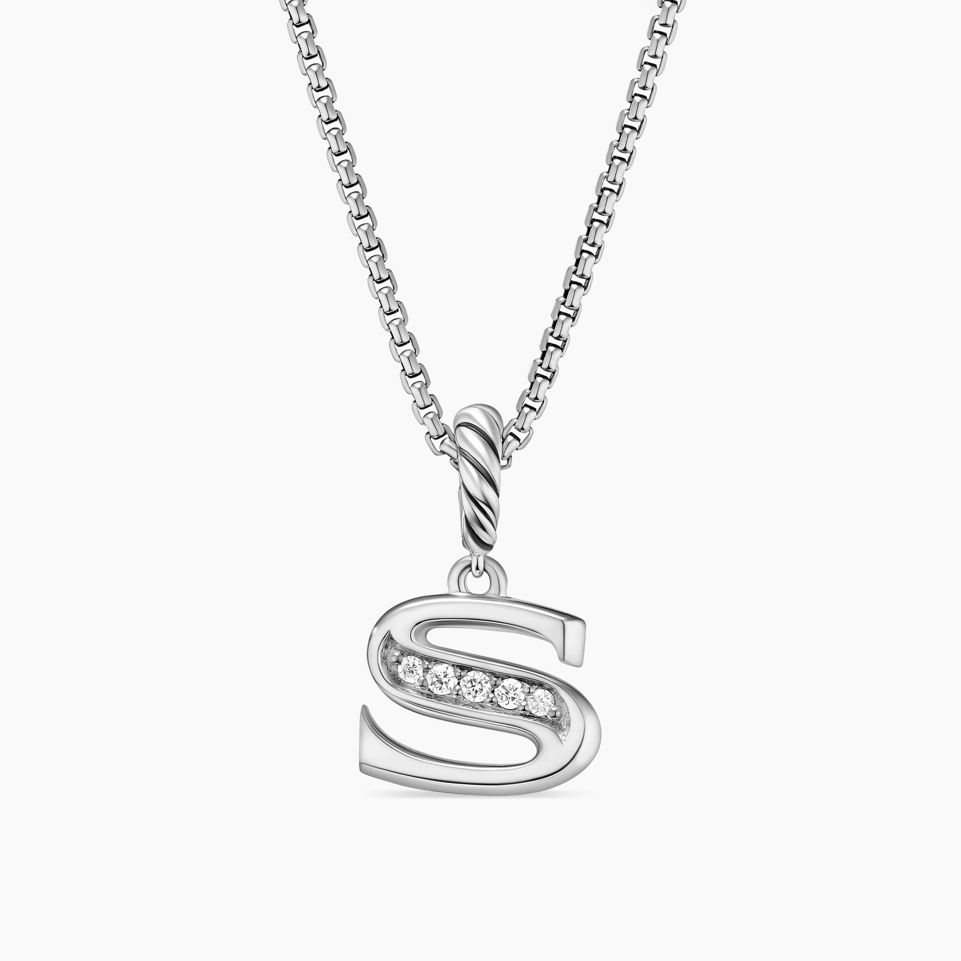 Womens Pav&eacute; Initial Pendant Necklace in Sterling Silver with Diamond S