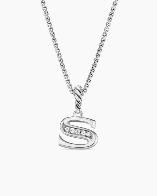 Womens Pavé Initial Pendant Necklace in Sterling Silver with Diamond S