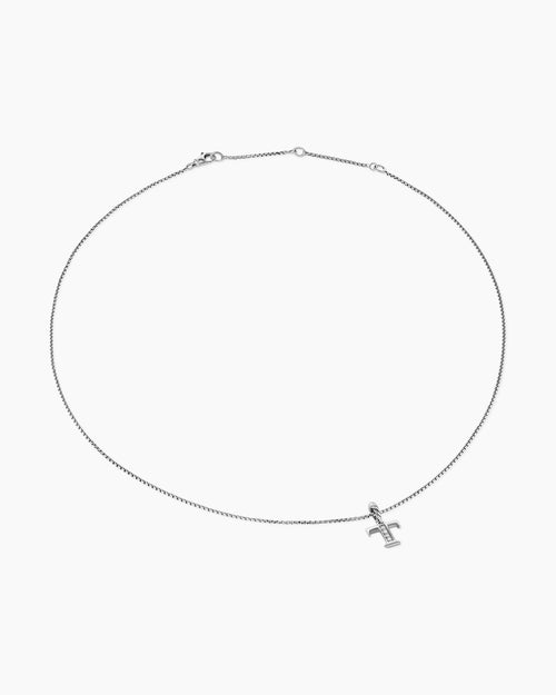 Womens Pavé Initial Pendant Necklace in Sterling Silver with Diamond T