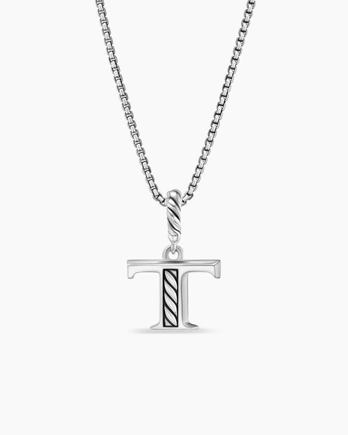 Womens Pavé Initial Pendant Necklace in Sterling Silver with Diamond T