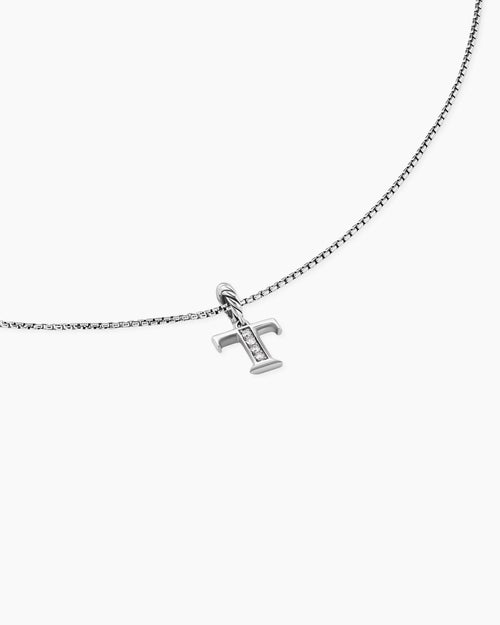 Womens Pavé Initial Pendant Necklace in Sterling Silver with Diamond T