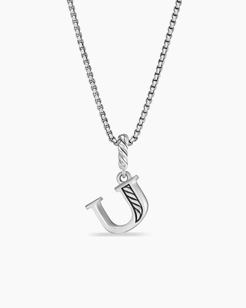 Womens Pavé Initial Pendant Necklace in Sterling Silver with Diamond U