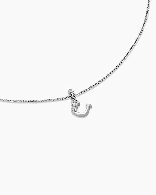 Womens Pavé Initial Pendant Necklace in Sterling Silver with Diamond U