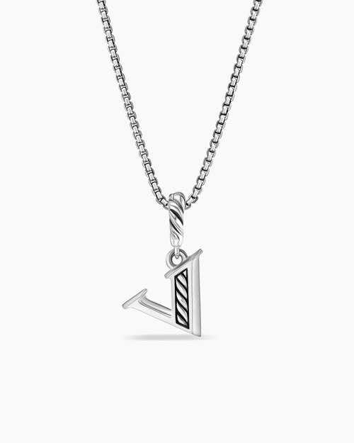 Womens Pavé Initial Pendant Necklace in Sterling Silver with Diamond V