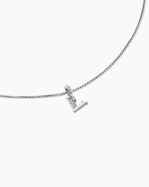 Womens Pavé Initial Pendant Necklace in Sterling Silver with Diamond V
