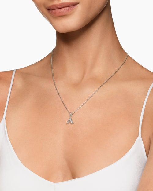 Womens Pavé Initial Pendant Necklace in Sterling Silver with Diamond V