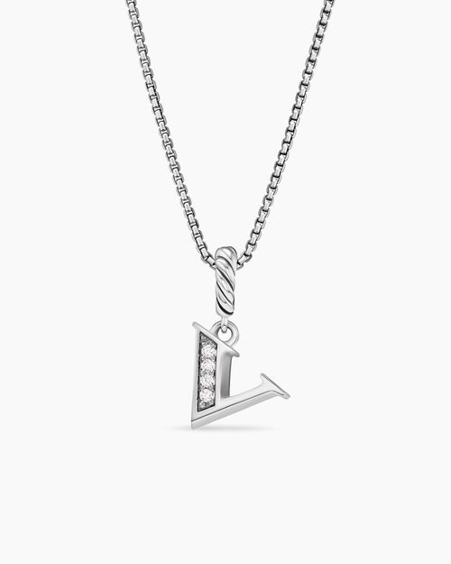 Womens Pavé Initial Pendant Necklace in Sterling Silver with Diamond V