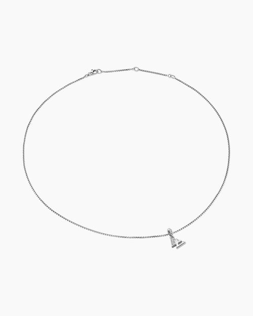 Womens Pavé Initial Pendant Necklace in Sterling Silver with Diamond W