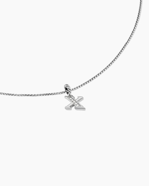 Womens Pavé Initial Pendant Necklace in Sterling Silver with Diamond X