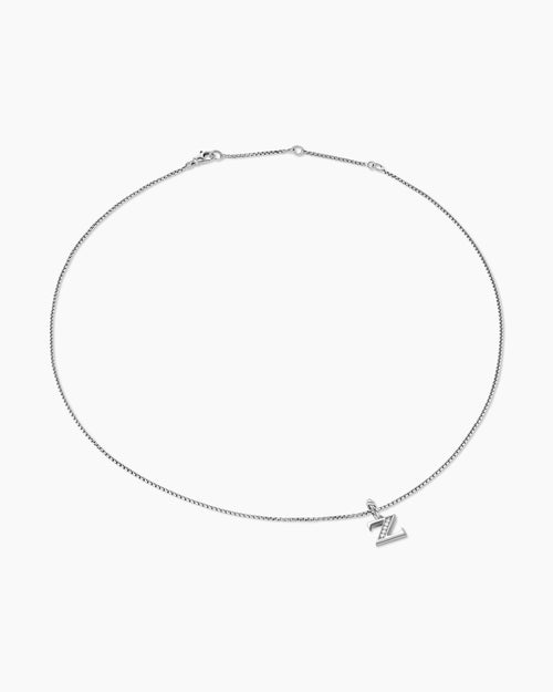 Womens Pavé Initial Pendant Necklace in Sterling Silver with Diamond Z