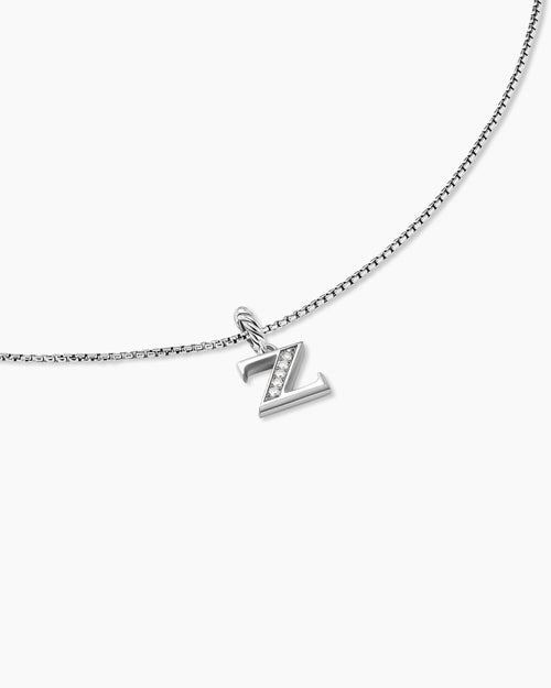 Womens Pavé Initial Pendant Necklace in Sterling Silver with Diamond Z