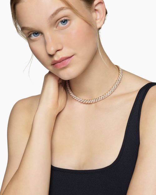 Womens Sculpted Cable Necklace in 18K Yellow Gold with Diamonds, 8.5mm