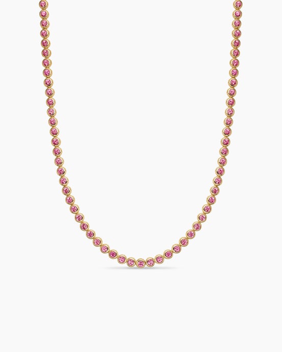 Bezel Set Tennis Necklace in 18K Yellow Gold with Pink Tourmalines, 4.7mm