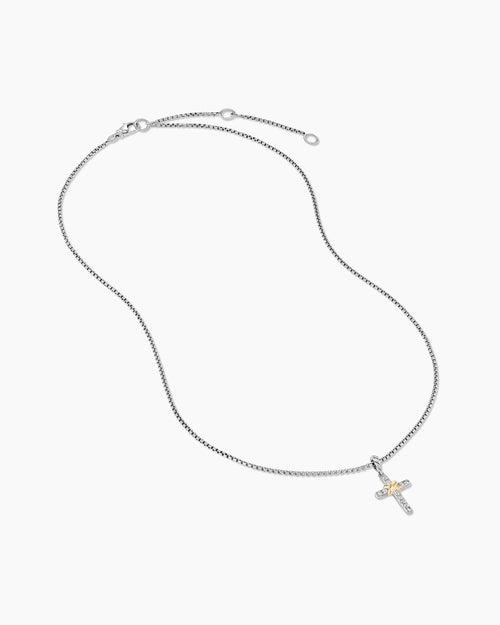 Womens Petite Cross Necklace in Sterling Silver with 18K Yellow Gold with Diamonds, 20.8mm