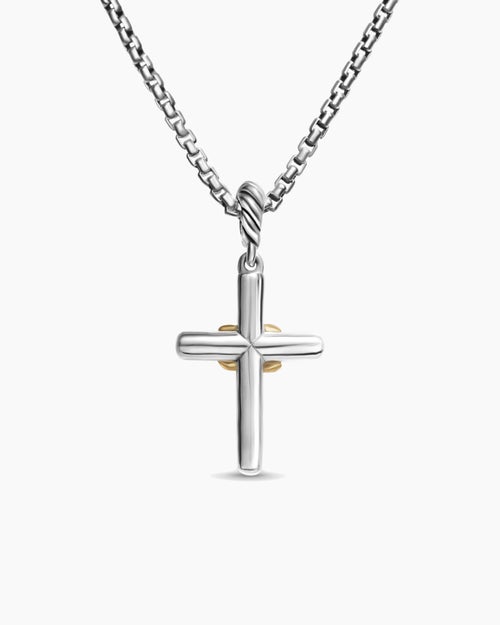 Womens Petite Cross Necklace in Sterling Silver with 18K Yellow Gold with Diamonds, 20.8mm