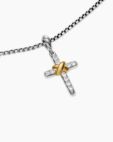 Petite Cross Necklace in Sterling Silver with 18K Yellow Gold with Diamonds, 20.8mm