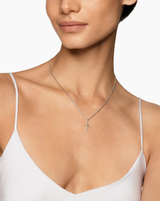 Petite Cross Necklace in Sterling Silver with 18K Yellow Gold with Diamonds, 20.8mm