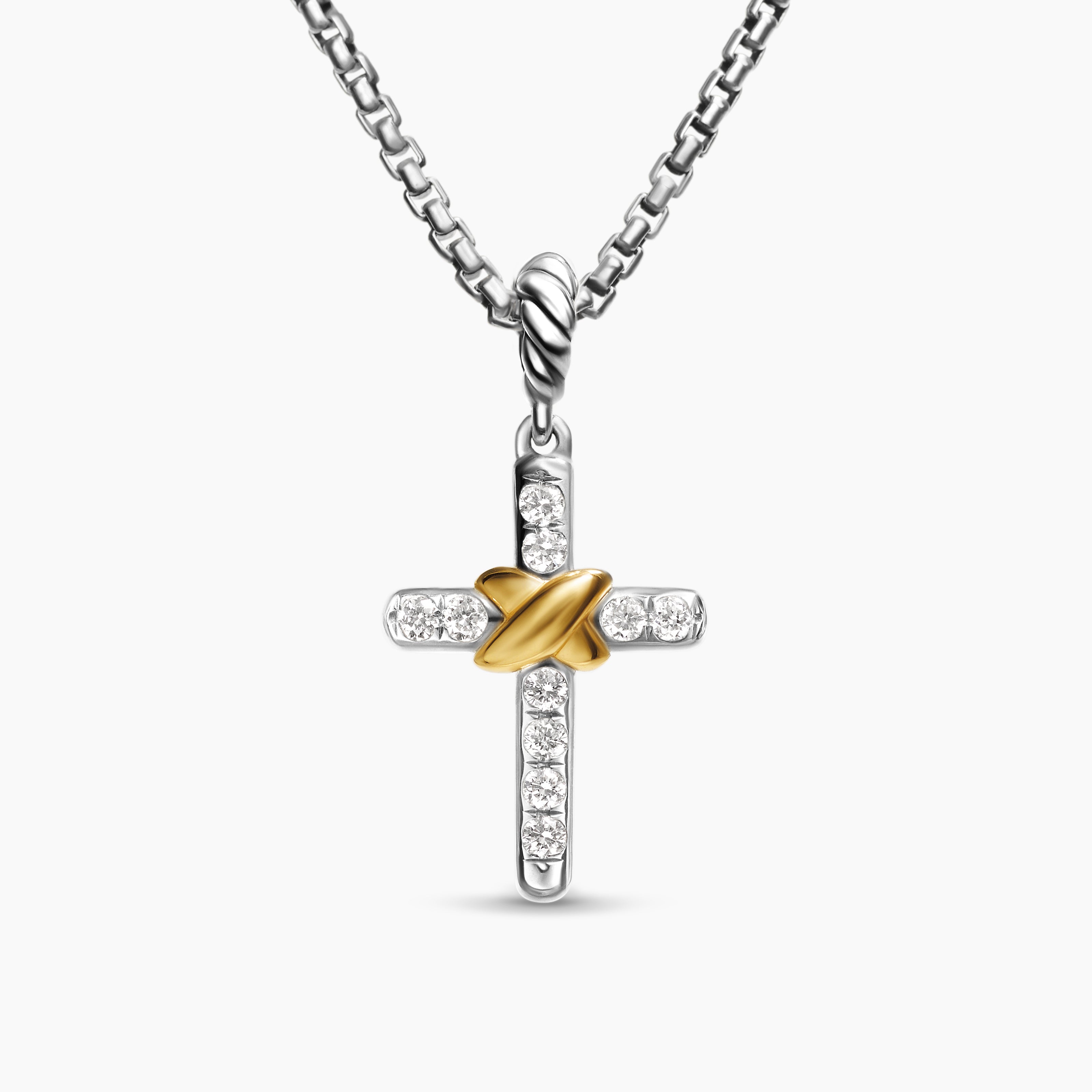 Womens Petite Cross Necklace in Sterling Silver with 18K Yellow Gold with Diamonds, 20.8mm