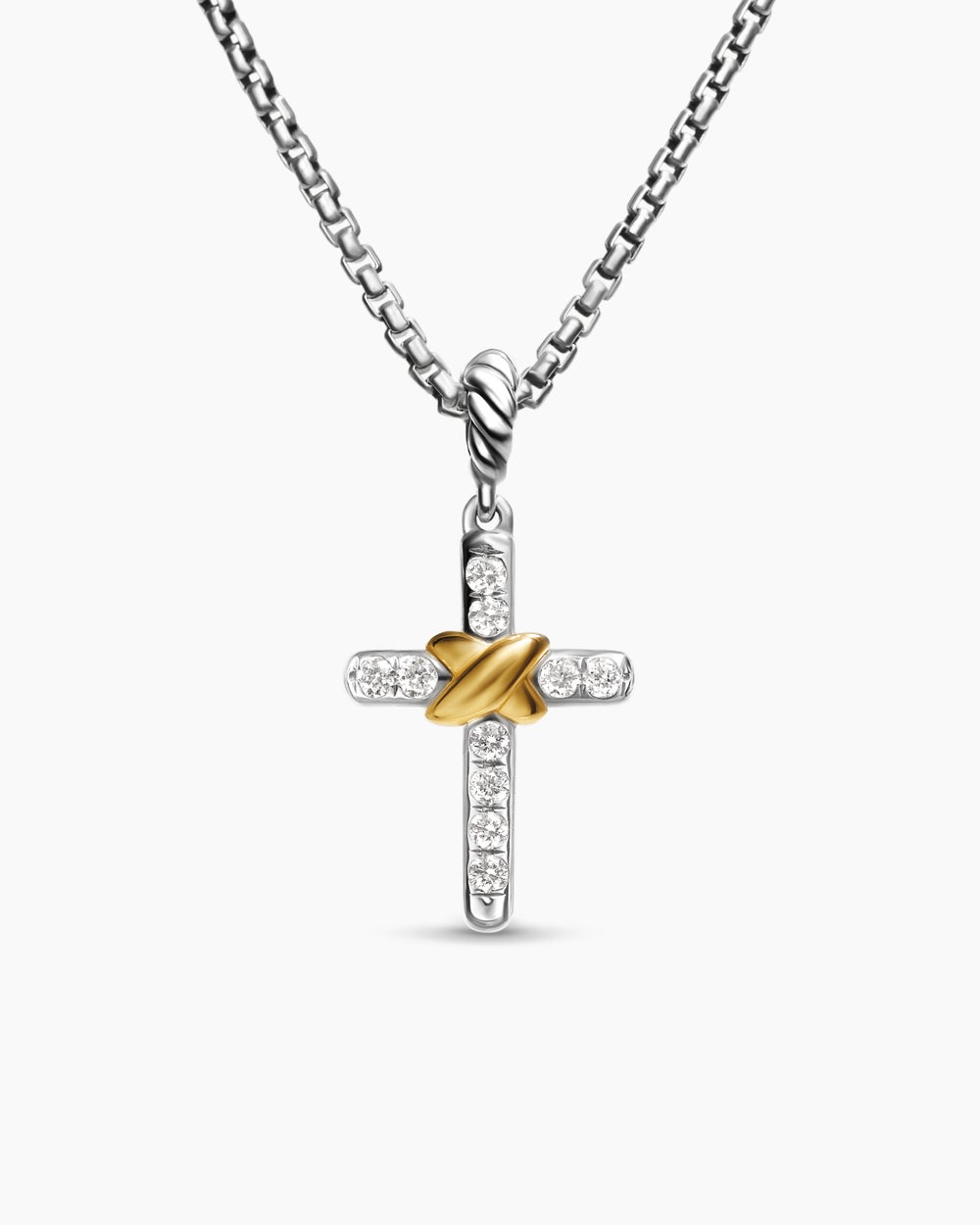 Womens Petite Cross Necklace in Sterling Silver with 18ct Yellow Gold with Diamonds, 20.8mm