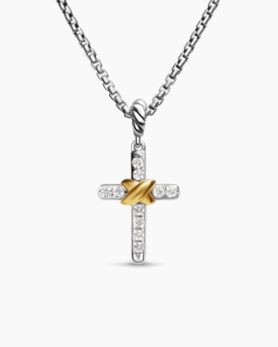 Petite Cross Necklace in Sterling Silver with 18K Yellow Gold with Diamonds, 20.8mm