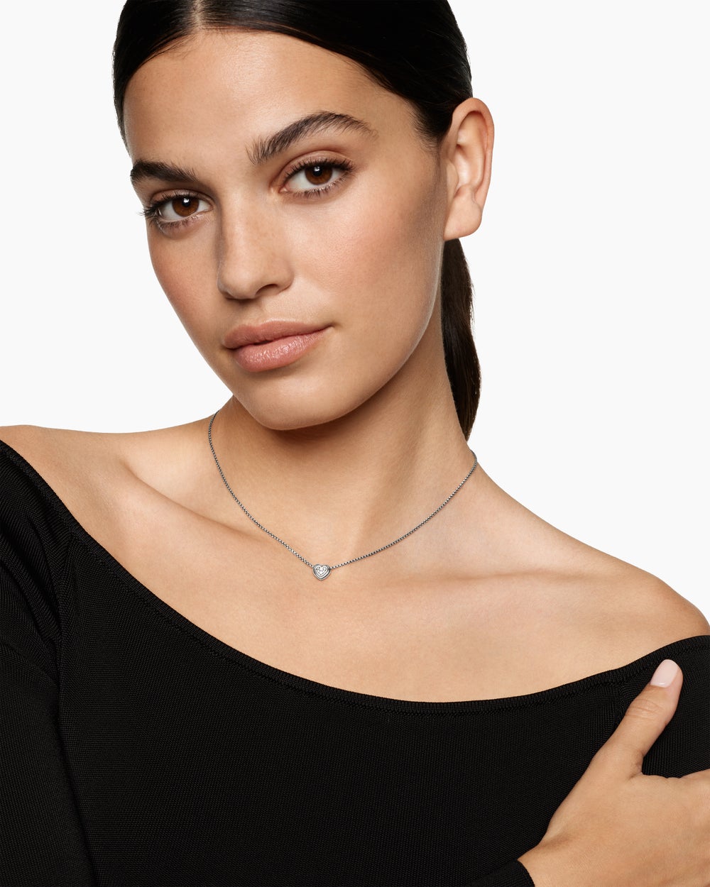 Womens Puffy Heart Pendant Necklace in Sterling Silver with Diamonds, 7.8mm