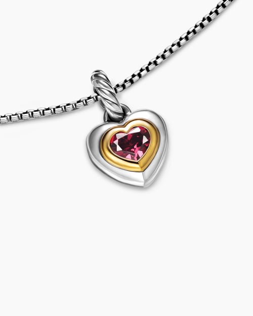 Womens Petite Cable Heart Pendant Necklace in Sterling Silver with 14K Yellow Gold and Rhodolite Garnet, 17.1mm