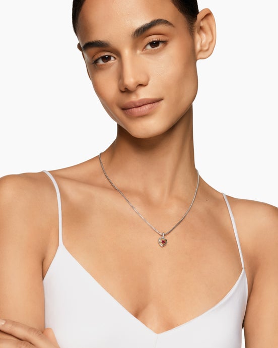 Petite Cable Heart Pendant Necklace in Sterling Silver with 14ct Yellow Gold and Rhodolite Garnet, 17.1mm