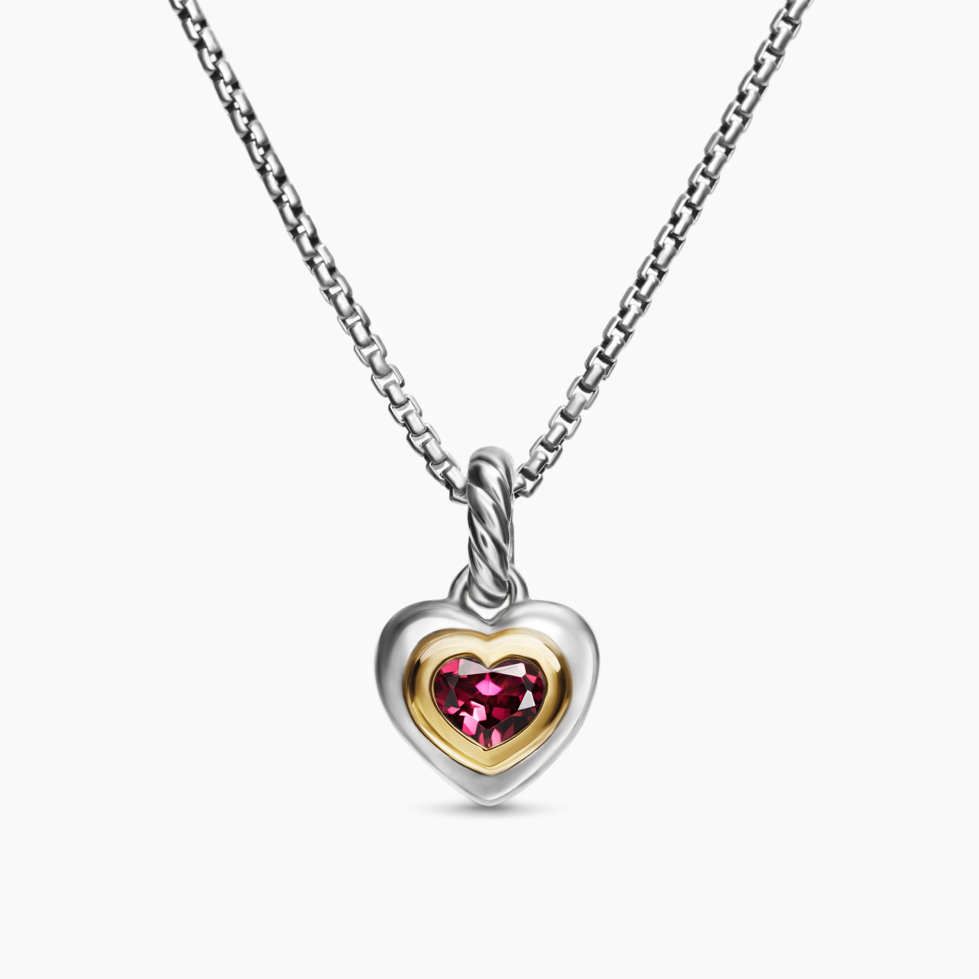 Womens Petite Cable Heart Pendant Necklace in Sterling Silver with 14K Yellow Gold and Rhodolite Garnet, 17.1mm