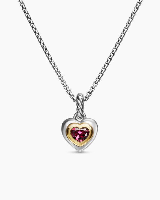 Petite Cable Heart Pendant Necklace in Sterling Silver with 14ct Yellow Gold and Rhodolite Garnet, 17.1mm