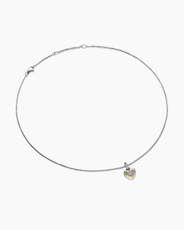 Petite Cable Heart Pendant Necklace in Sterling Silver with 14K Yellow Gold and Diamonds, 17.1mm