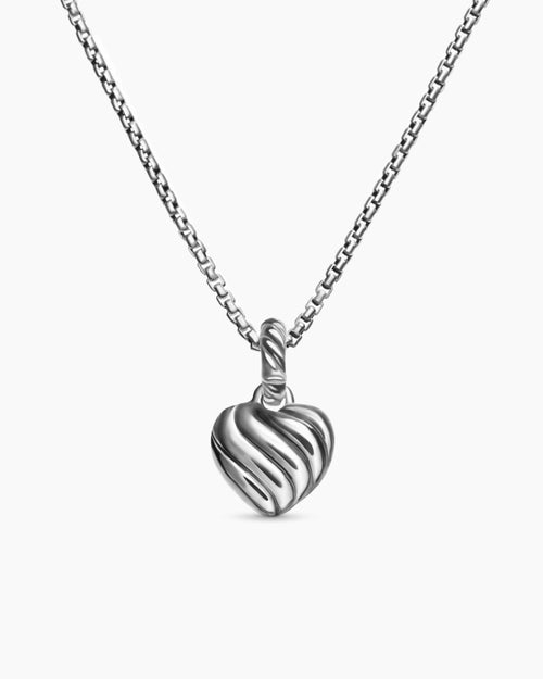 Womens Petite Cable Heart Pendant Necklace in Sterling Silver with 14K Yellow Gold and Diamonds, 17.1mm