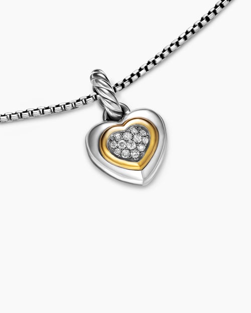 Womens Petite Cable Heart Pendant Necklace in Sterling Silver with 14K Yellow Gold and Diamonds, 17.1mm