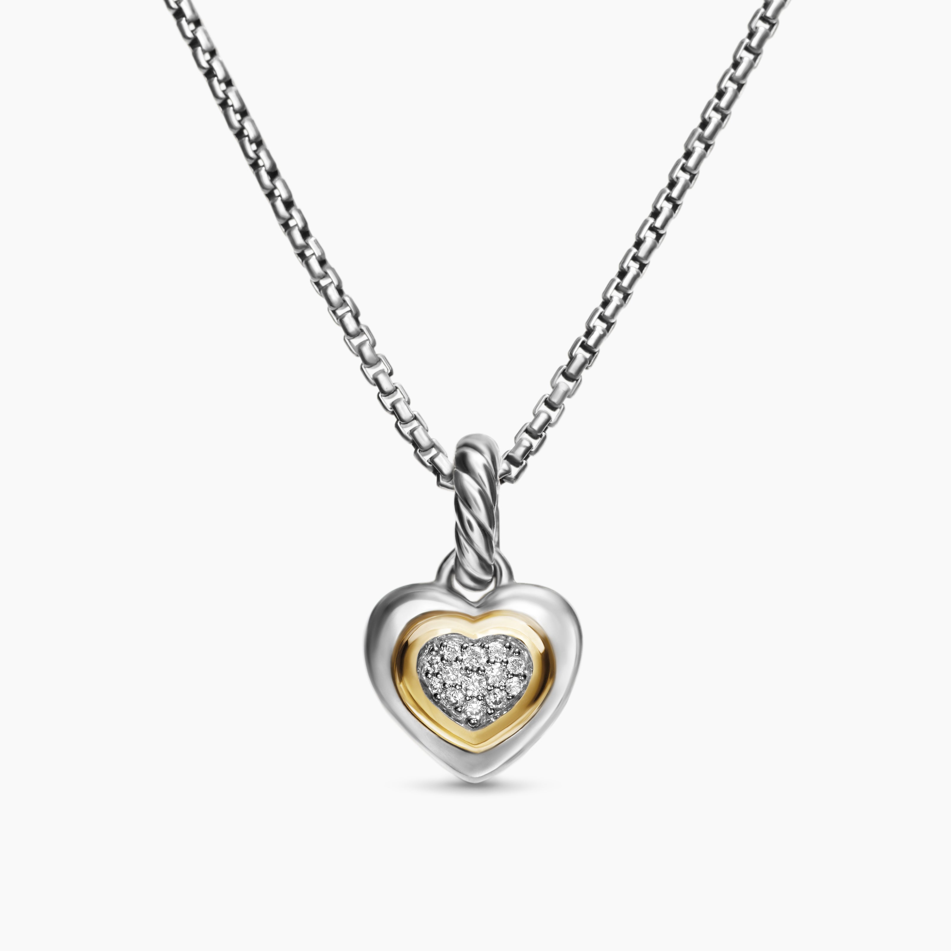 Womens Petite Cable Heart Pendant Necklace in Sterling Silver with 14K Yellow Gold and Diamonds, 17.1mm