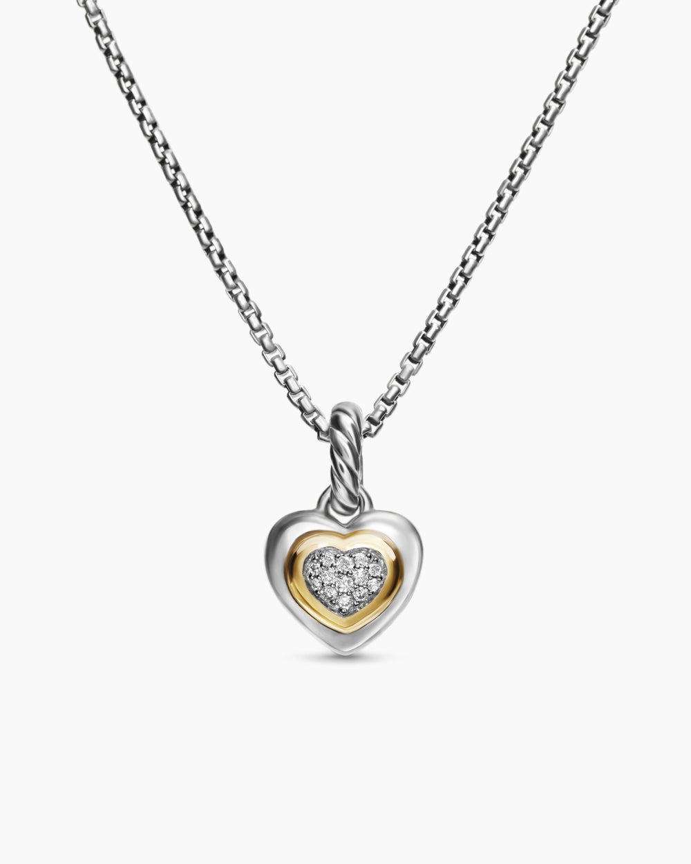 Womens Petite Cable Heart Pendant Necklace in Sterling Silver with 14K Yellow Gold and Diamonds, 17.1mm