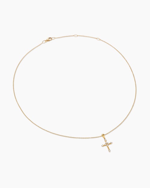 Womens Petite Modern Renaissance® Cross Pendant Necklace in 18K Yellow Gold with Diamonds, 15.9mm