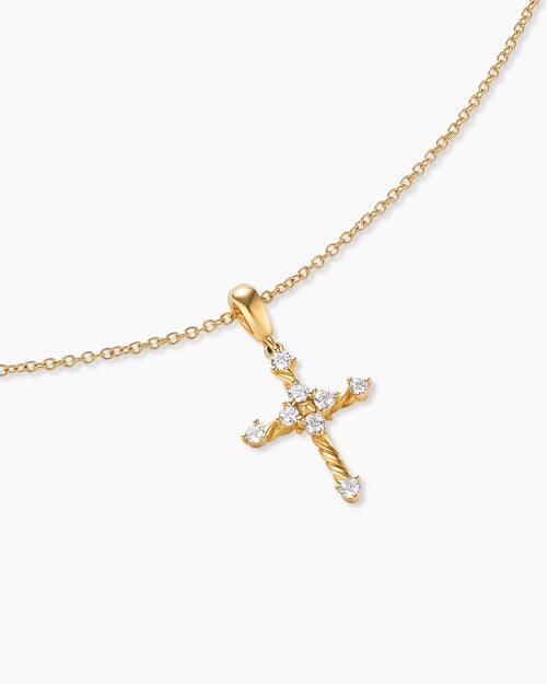 Womens Petite Modern Renaissance® Cross Pendant Necklace in 18ct Yellow Gold with Diamonds, 15.9mm