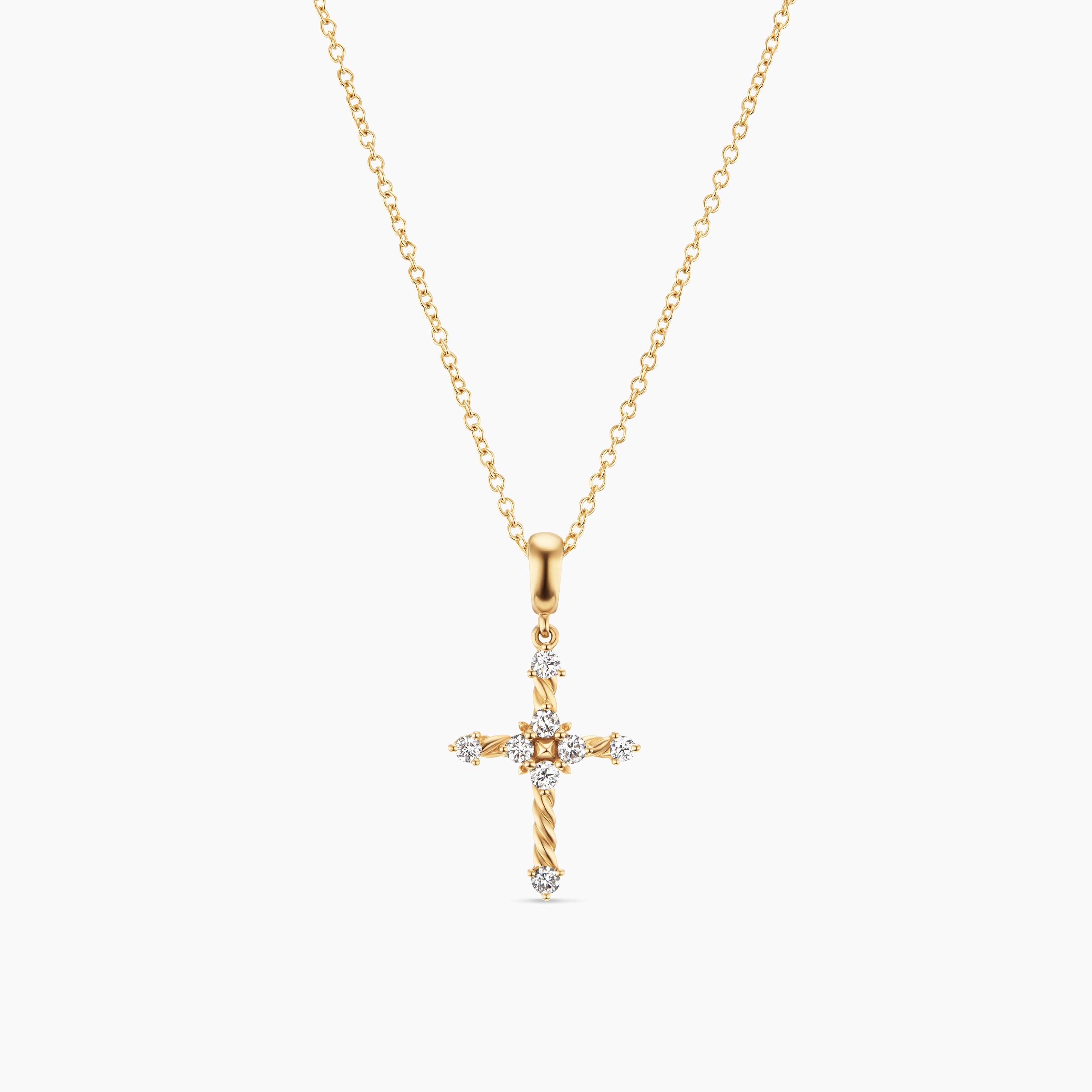 Womens Petite Modern Renaissance&reg; Cross Pendant Necklace in 18K Yellow Gold with Diamonds, 15.9mm