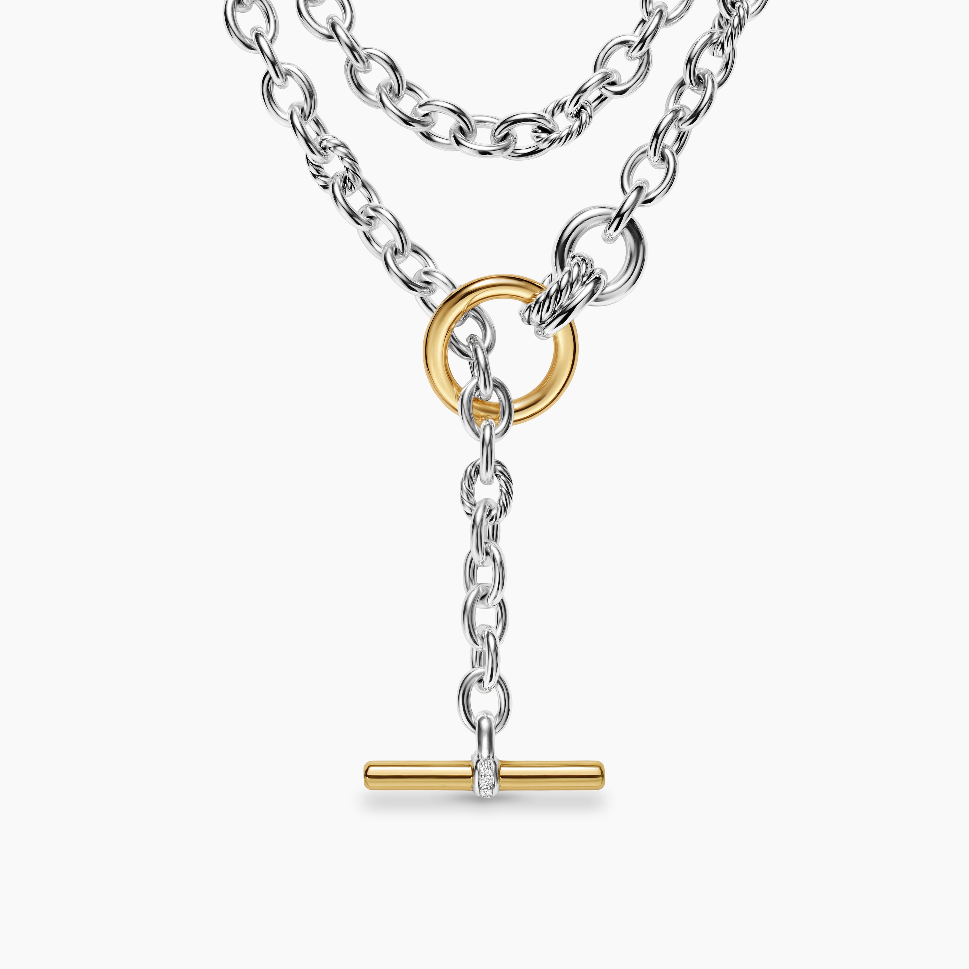 Womens DY Mercer&reg; Double Row Toggle Chain Necklace in Sterling Silver with 18K Yellow Gold and Diamonds, 8mm
