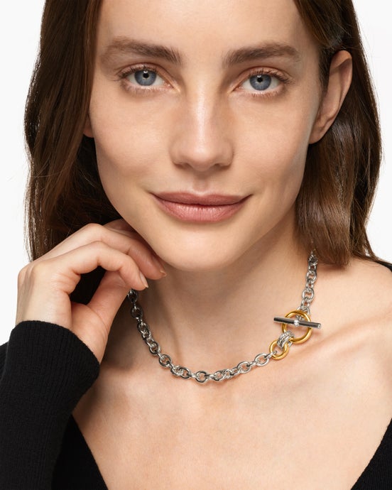 DY Mercer® Toggle Chain Necklace in Sterling Silver with 18ct Yellow Gold and Diamonds, 8mm