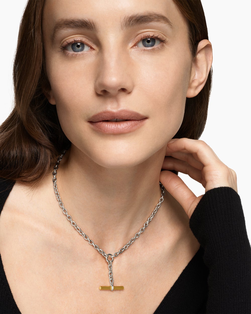 Womens DY Mercer Petite Toggle Chain Necklace in Sterling Silver with 18K Yellow Gold and Diamonds, 4.5mm