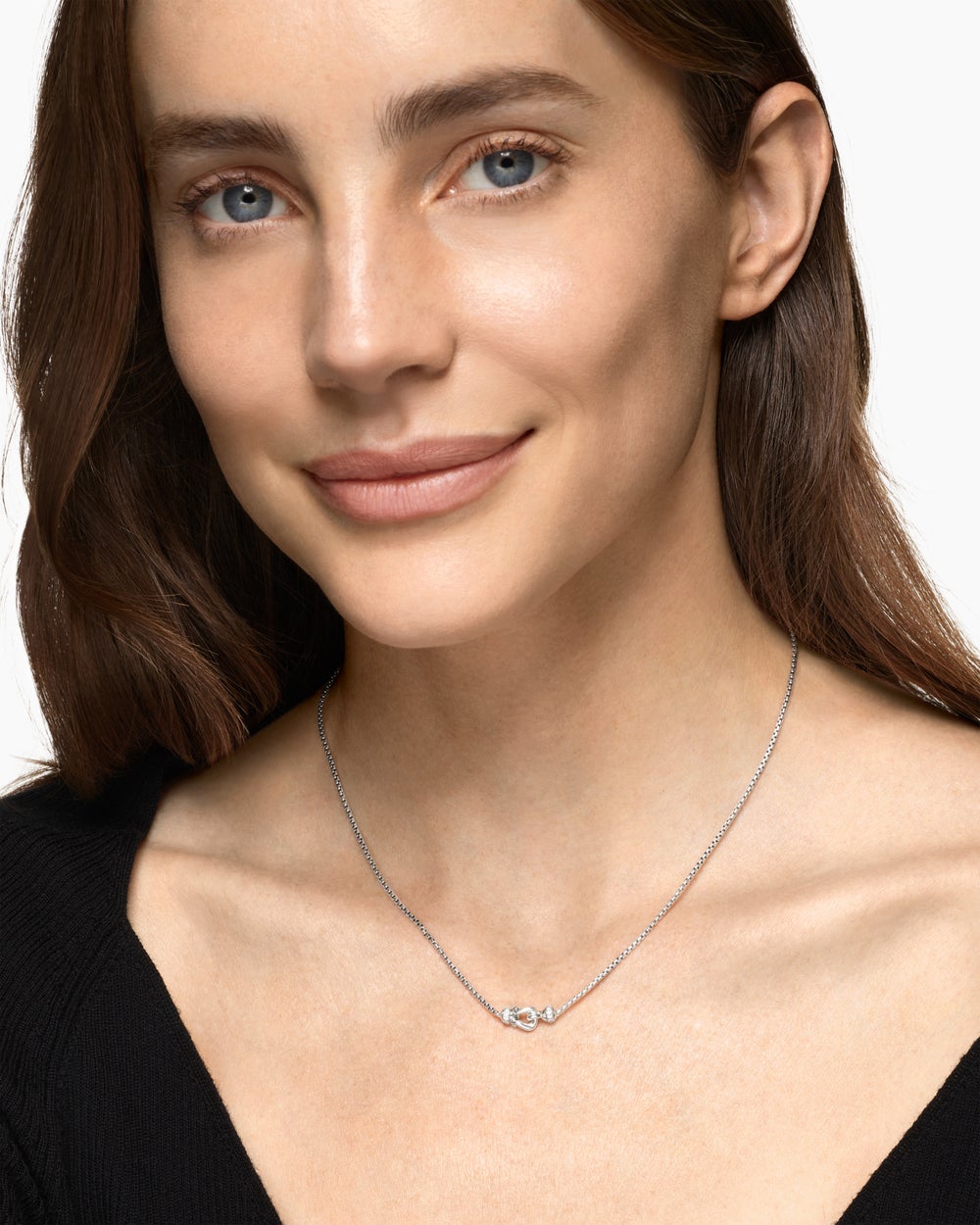 Womens Petite Buckle Necklace in Sterling Silver with Diamonds, 16.2mm