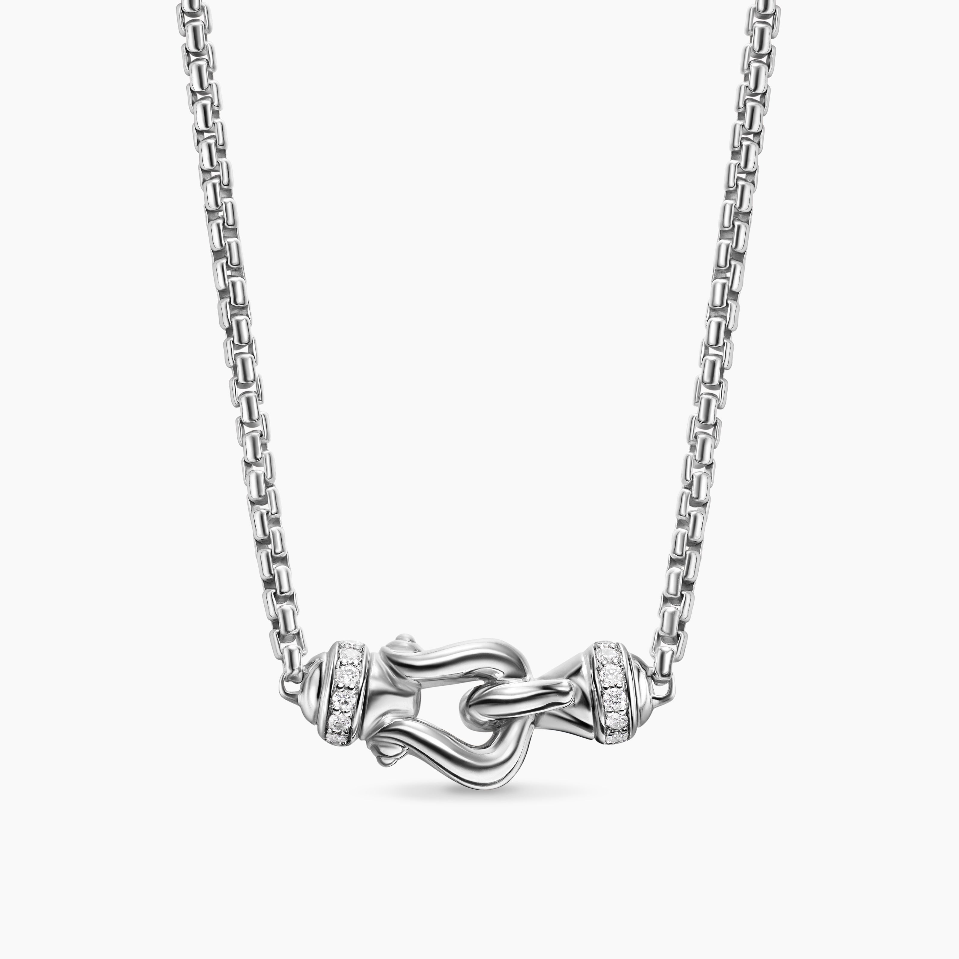 Womens Petite Buckle Necklace in Sterling Silver with Diamonds, 16.2mm