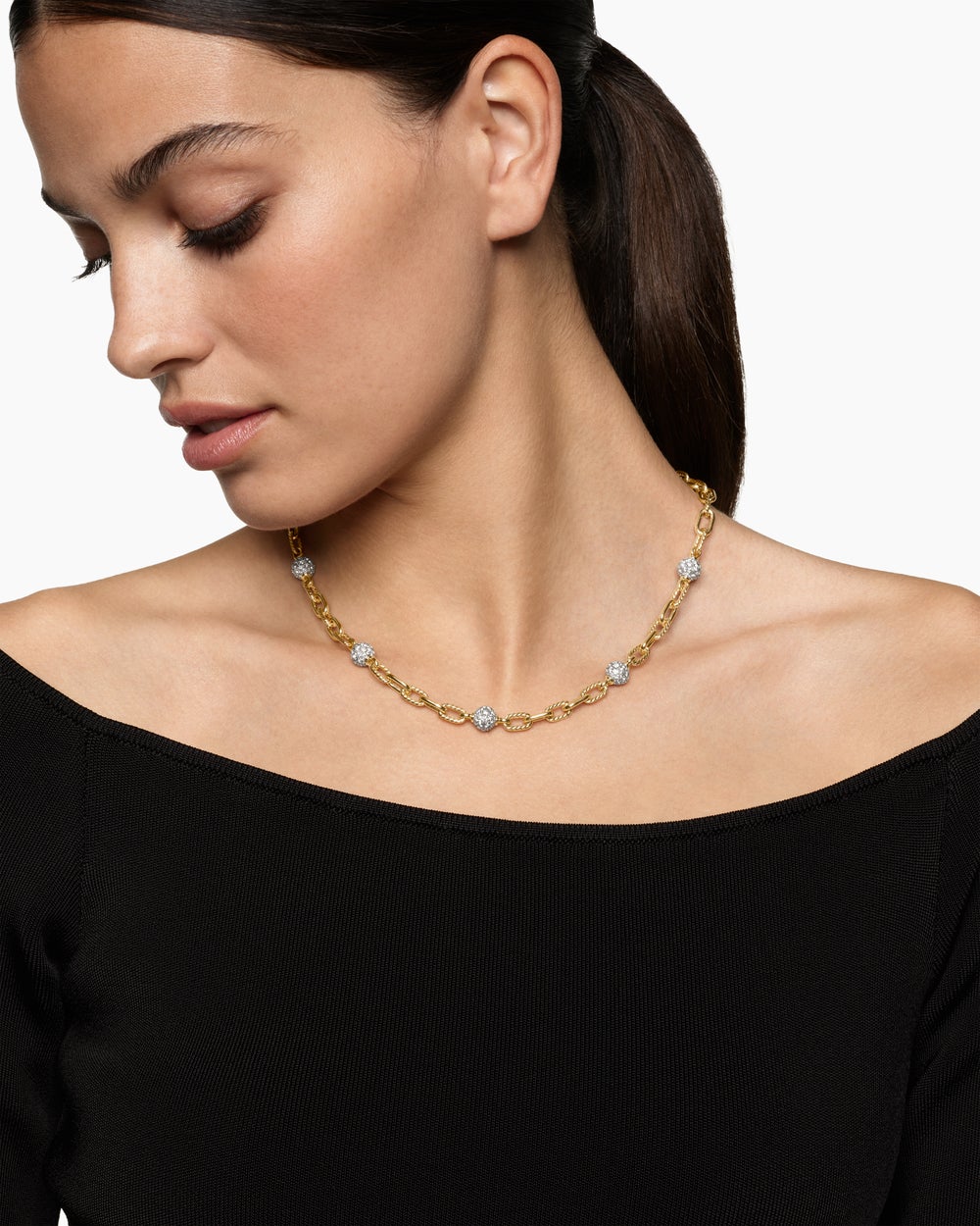 Womens DY Madison Pavé Bead Chain Necklace in 18K Yellow Gold, 6mm
