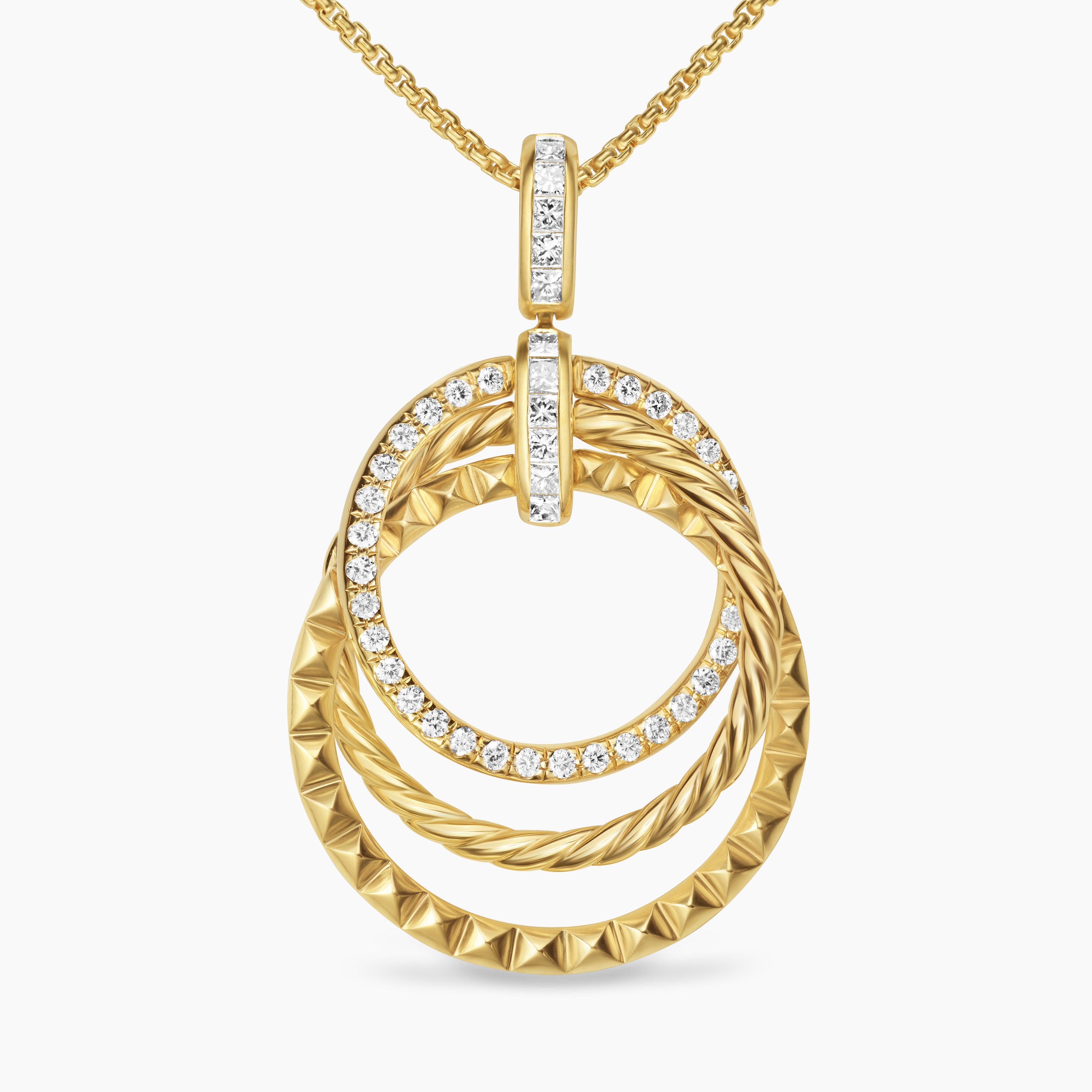 Womens Crossover Trio Pendant Necklace in 18K Yellow Gold with Diamonds, 24mm