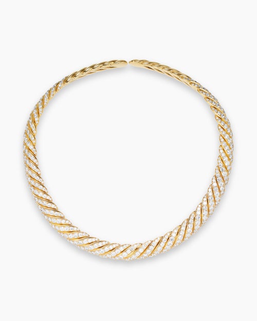 Womens Sculpted Cable Flex Necklace in 18K Yellow Gold with Diamonds, 11mm
