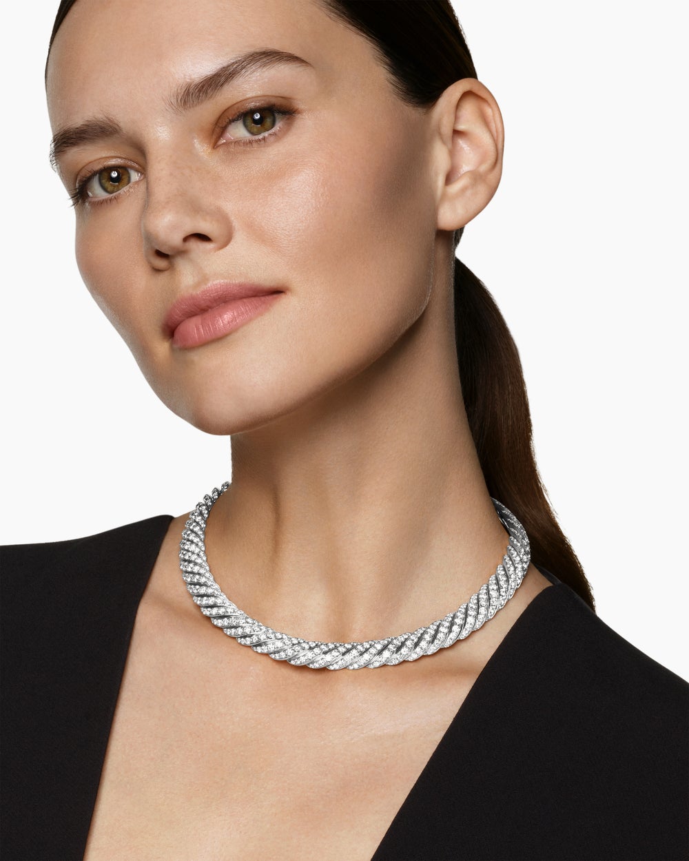 Womens Sculpted Cable Flex Necklace in 18K White Gold with Diamonds, 11mm