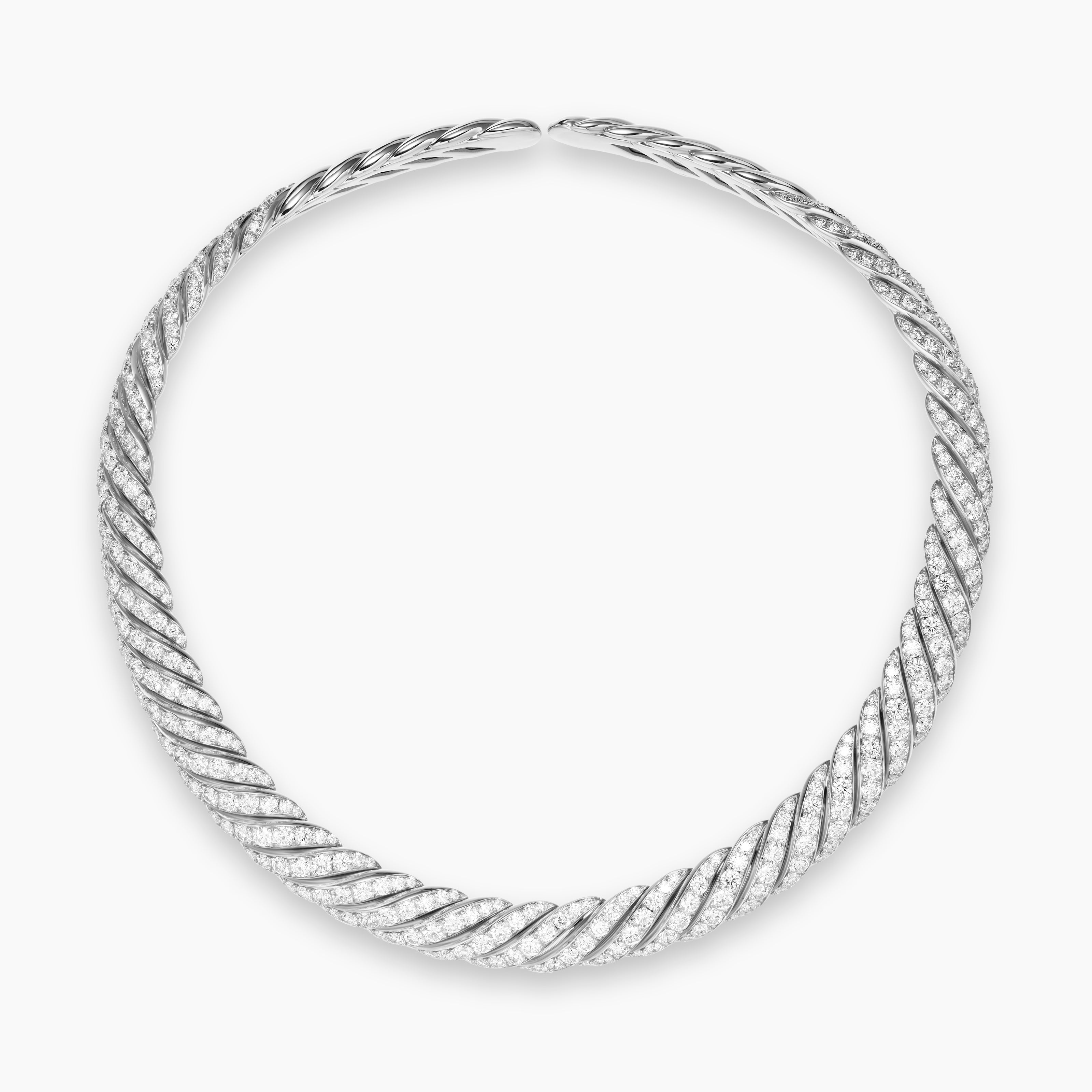 Womens Sculpted Cable Flex Necklace in 18K White Gold with Diamonds, 11mm