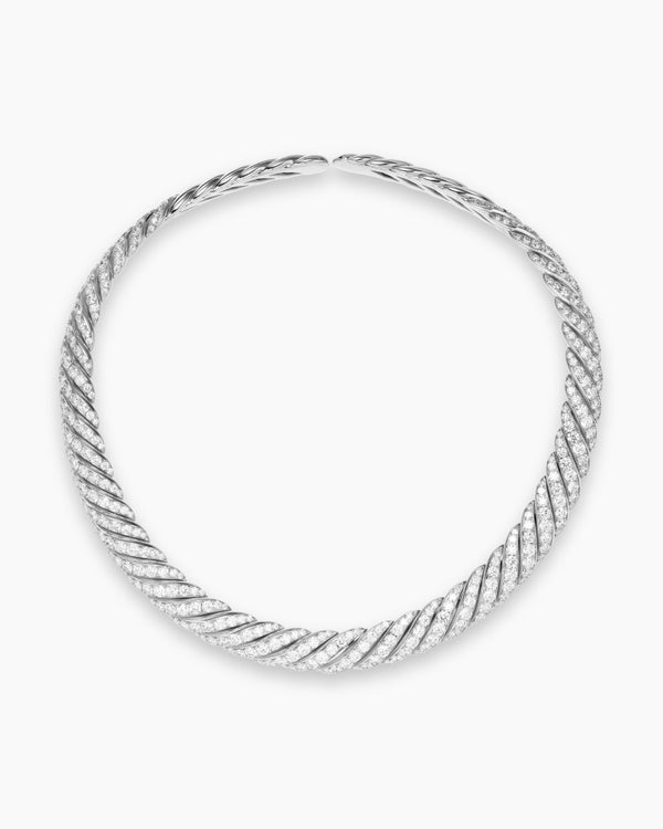 Sculpted Cable Flex Necklace in 18K White Gold with Diamonds, 9.5mm