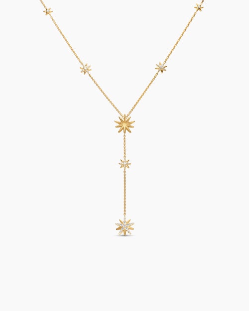 Womens Starburst Y Necklace in 18K Yellow Gold with Diamonds, 76.7mm