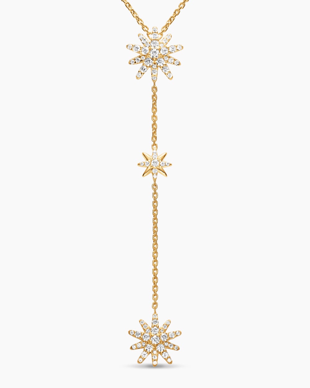 Womens Starburst Y Necklace in 18K Yellow Gold with Diamonds, 76.7mm